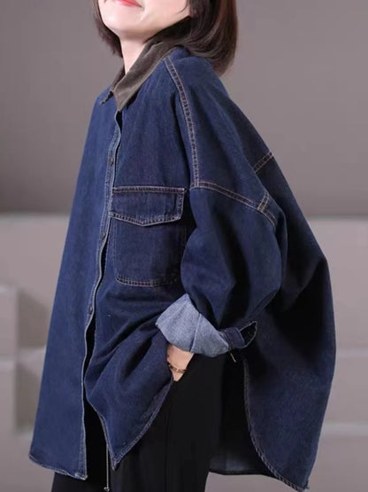 Loose Fit Women's Korean Style Corduroy Denim Shirt Jacket  Collar Splicing Oversize Outerwear Commute Fashion
