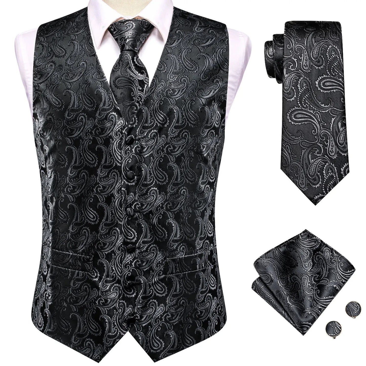 4Pcs Men Formal V-Neck Vest Kit Waistcoat Tie Handkerchief & Cufflinks for Occasions