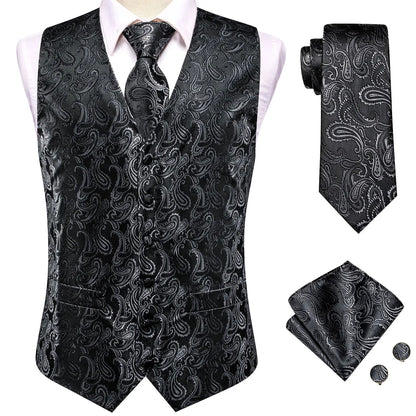 4Pcs Men Formal V-Neck Vest Kit Waistcoat Tie Handkerchief & Cufflinks for Occasions