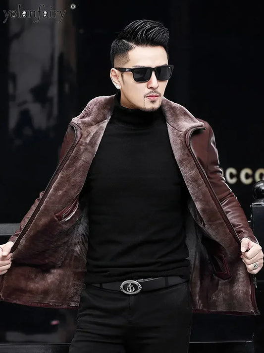 YOLANFAIRY Genuine Leather Jacket Men Midium Natural Leather and Fur Thick Winter Coat Male Clothing Jaquetas Masculina De Couro
