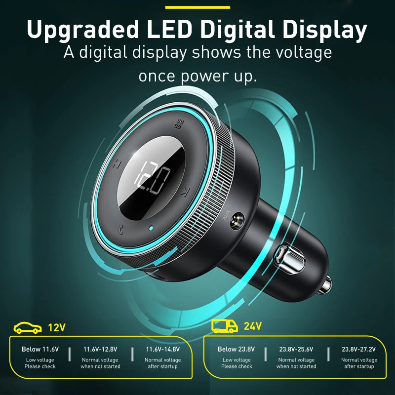 Baseus Car FM Transmitter with Bluetooth 5.0 & 3.4A Dual USB Charger - MP3 Player, Radio, Hands-Free Calling Adapter