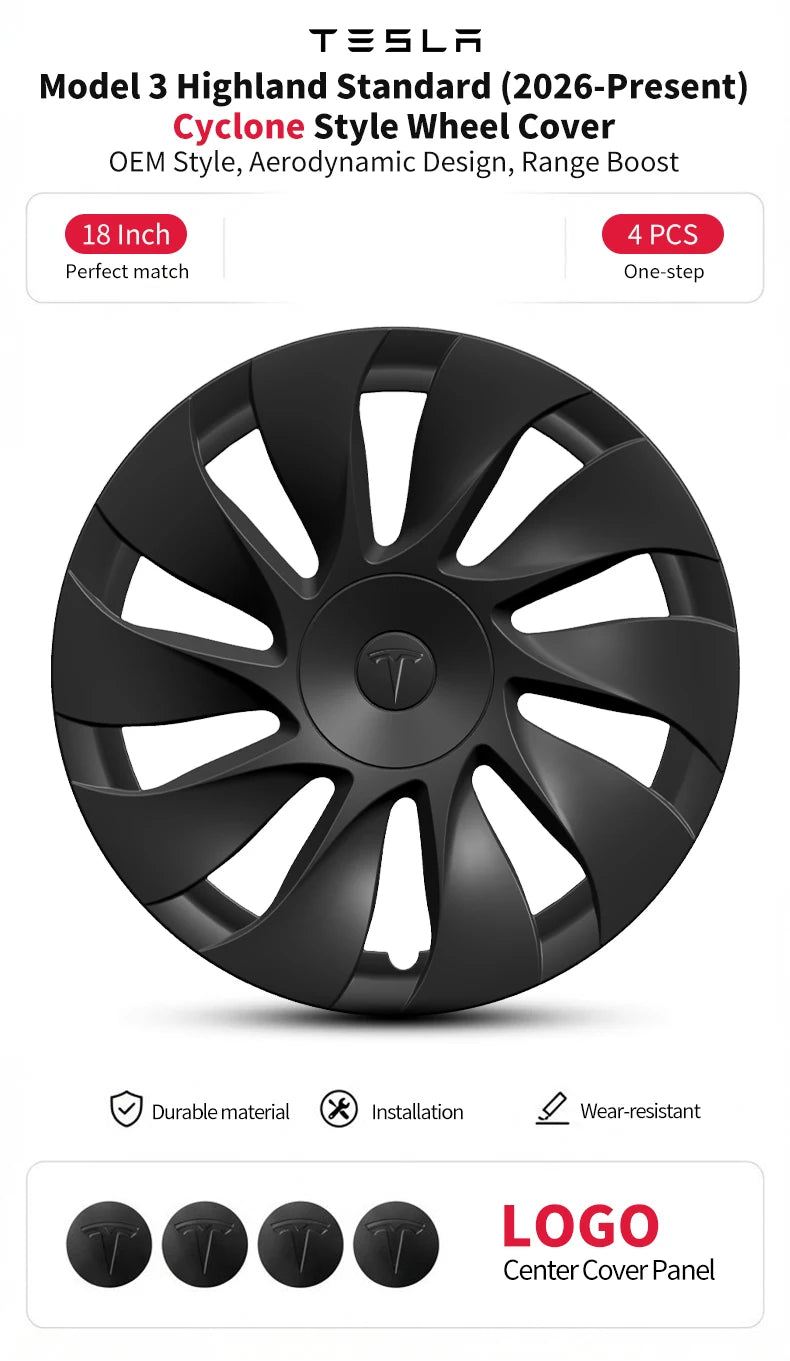 4PCS Hubcaps for Tesla Model 3 Highland 2026 Standard 18Inch Full Rim Covers Replacement Wheel Cover Accessories Only for Standa