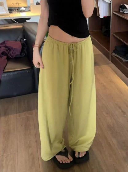 Ice Silk Quick Dry Wide Leg Pants Women Summer Thin Loose Casual Drape Straight Tube Leisure Walking Pants High Waist Elastic