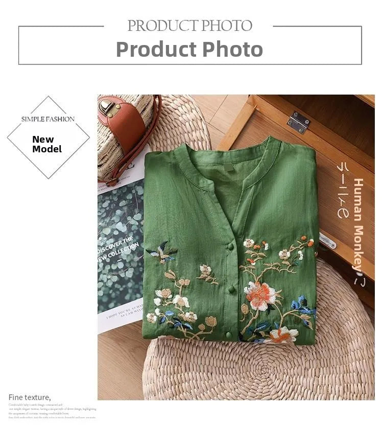 Large Size Mom Embroidered irt Women's Spring New Cotton Linen irt High End f Sve Seven Sve Women's Top