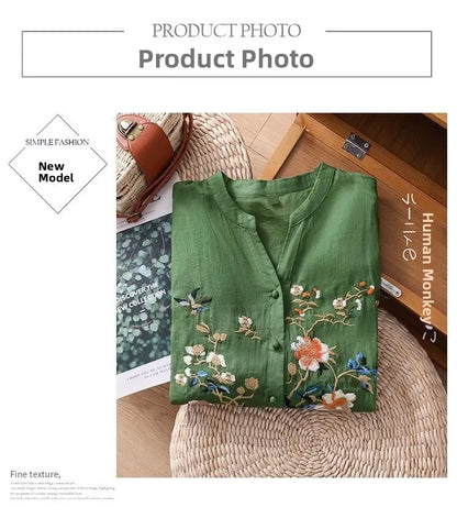 Large Size Mom Embroidered irt Women's Spring New Cotton Linen irt High End f Sve Seven Sve Women's Top