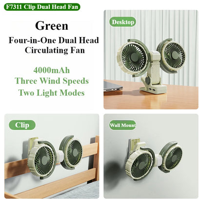 Hipacool Car Clip Dual Head Fan 360° Rotatable 4000mAh 3-Speeds Two Light Modes USB Rechargeable Desktop Cooling Air Fan