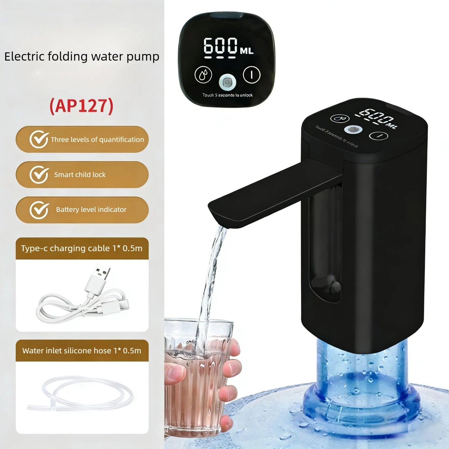 Automatic Folding Water Dispenser Household Bottled Water Fingerprint Child Lock Electric Small Mineral Water Suction Machine