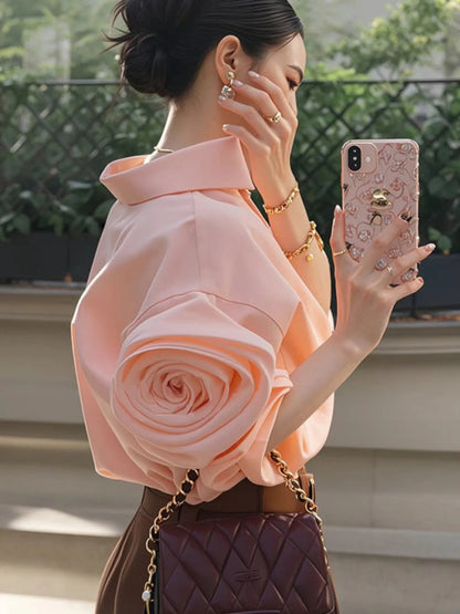Elegant Pink Rose Flower Women's Shirt Unique Personality High-End Feeling Luxury Simple Style French Style Spring Autumn Top