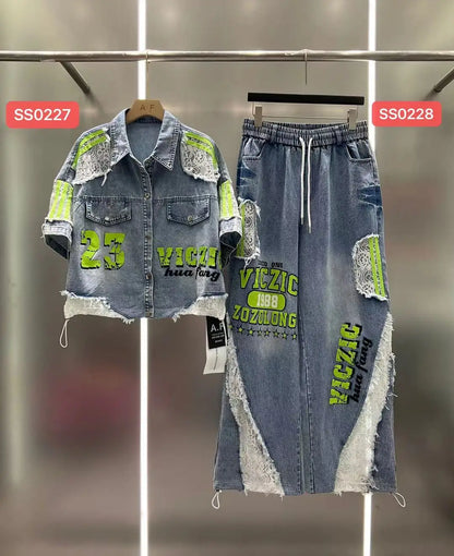 Casual Lace Hollow out Patchwork Summer New Women's Outfit Loose Top with Digital Letter Print Matching Long Pants