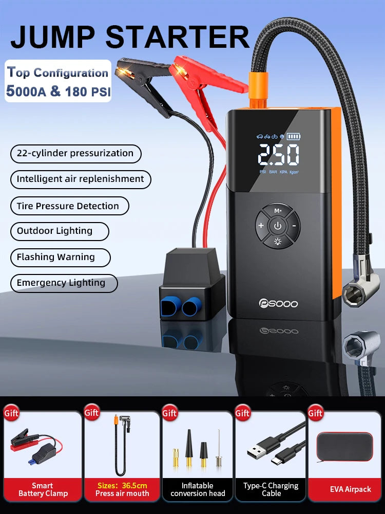5000a 180 Psi Car Jump Starter Compressor Battery Portable Power Bank Tire Capacitor Booster 12v Emergency Jumper With Air Pump