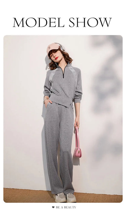 LOUIS YAO Women Two Pieces Set 2024 Autumn Stand Collar Long Sleeve Long Pants Set Sweatshirt Sporty Fashion Set