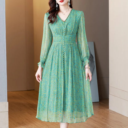 Spring Summer Green Floral Silk Long Dress Women Fashion Casual Holiday Beach Dress 2024 Korean Elegant Luxury Dance Party Dress
