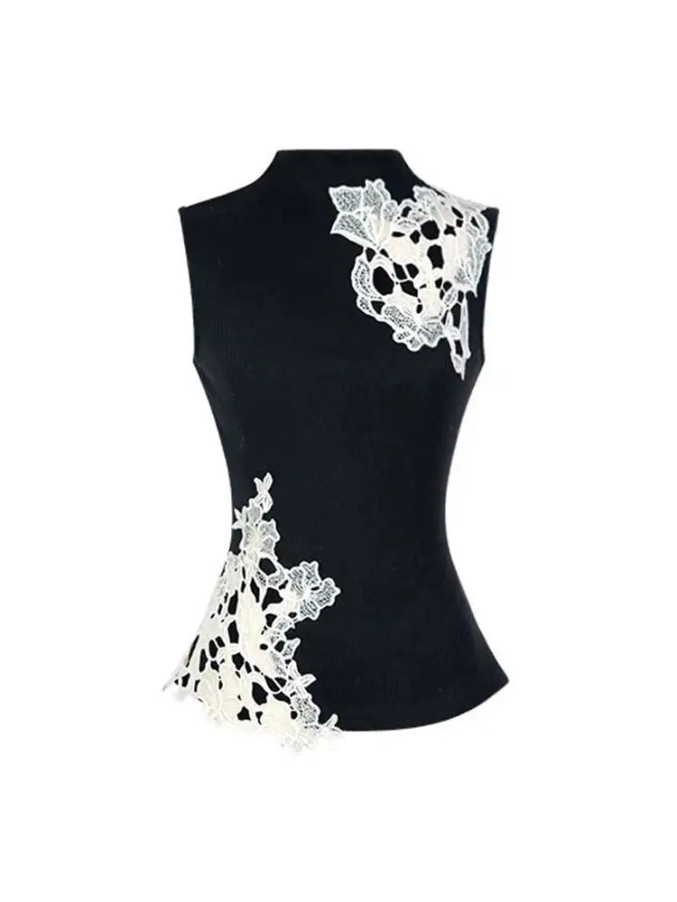 Black Lace Patchwork Sleeveless Tank Top Women Spring Summer Design Slim Hollow-out Y2k Top Sexy T-shirt Cute Tops New