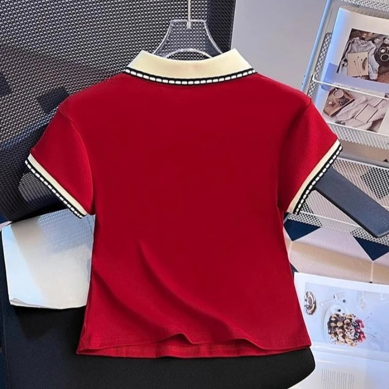 Women's Summer Straight Shoulder Cotton Polo Collar Short Sleeve T Shirt Color Block Slim Fit Slimming Short Top