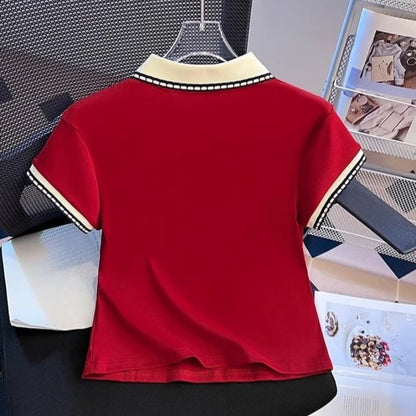 Women's Summer Straight Shoulder Cotton Polo Collar Short Sleeve T Shirt Color Block Slim Fit Slimming Short Top