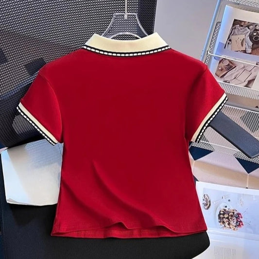 Women's Summer Straight Shoulder Cotton Polo Collar Short Sleeve T Shirt Color Block Slim Fit Slimming Short Top