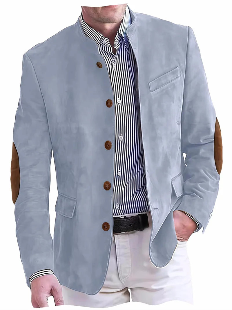 Men's Casual Blazer Flannel Suit Jacket With Elbow Patches Band Collar Brown Button Daily  Casual Slim Fit Customized Business