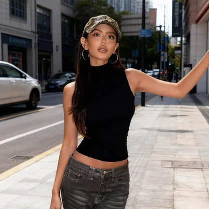 Women's Sexy Turtleneck Backless Tank Top 2026 Summer Fashion Solid Color Skinny Sleeveless T-Shirt Female Streetwear Crop Top