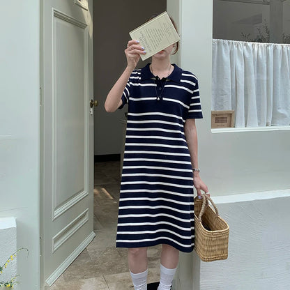 new Korean striped dress for women's summer, pure cotton straight tube mid length skirt