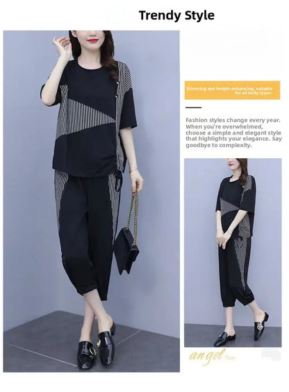 Summer New Style Women's Sporty Casual Short Sleeve TT Shirt Set Large Size Two-Piece Fashionable Korean Trendy Outfit
