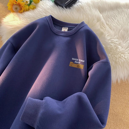 American Retro Fleece Lined Long Sleeve Letter Print Sweatshirt Unisex Autumn Winter Casual Fashion Versatile Men's Women's Top