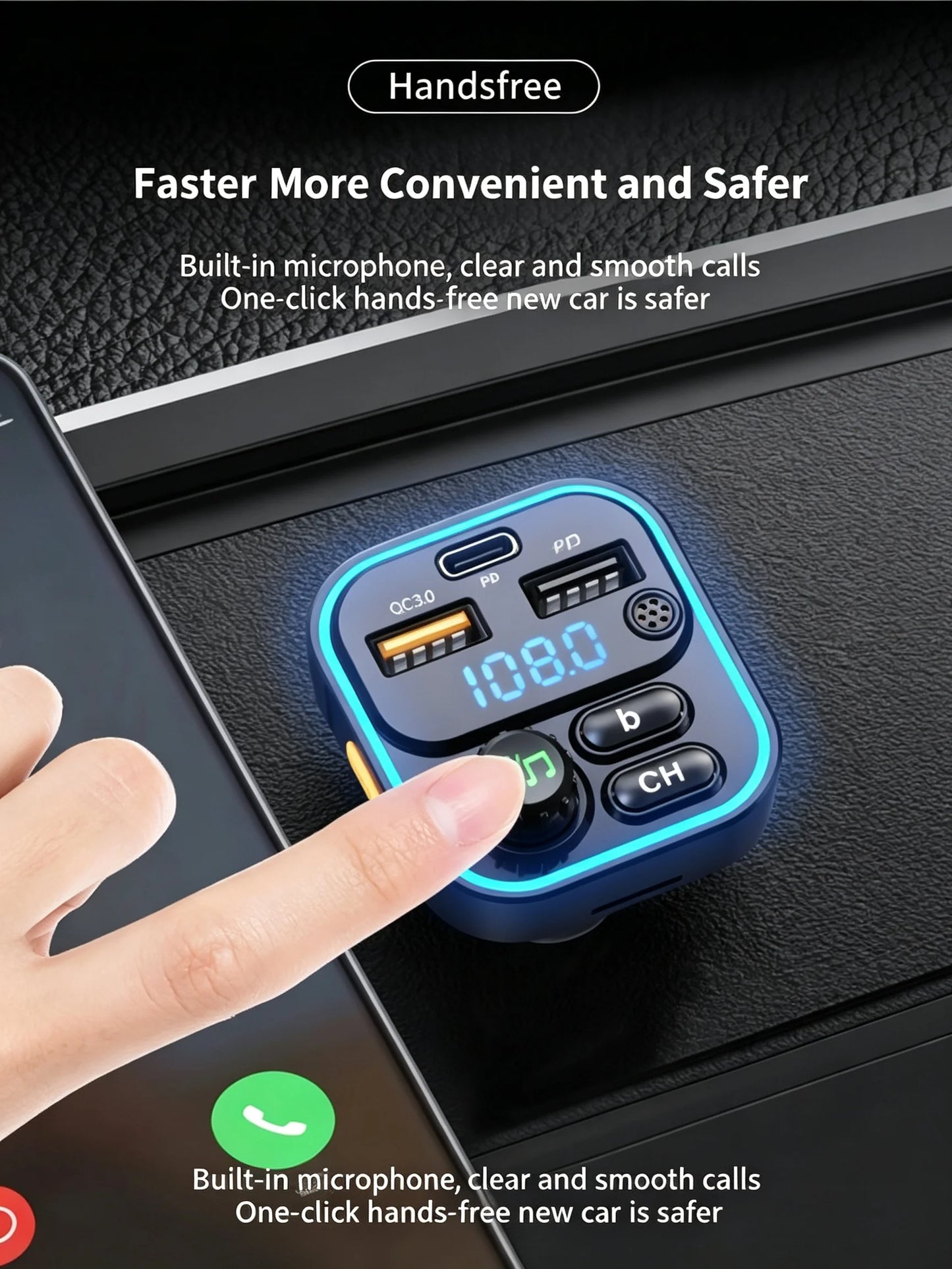 WEKOME Dual USB Fast Charging 7 Color LED Atmosphere Light Bluetooth Hands Free Car FM Transmitter with U Disk TF Card Playback