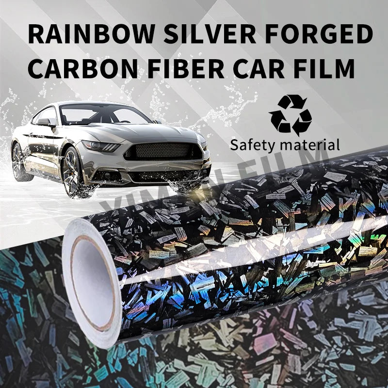 High Gloss Forged Laser Rainbow Carbon Fiber Silver Car Carbon Film Black Vinyl Wrap Tuning Auto Accessories Sticker for Car