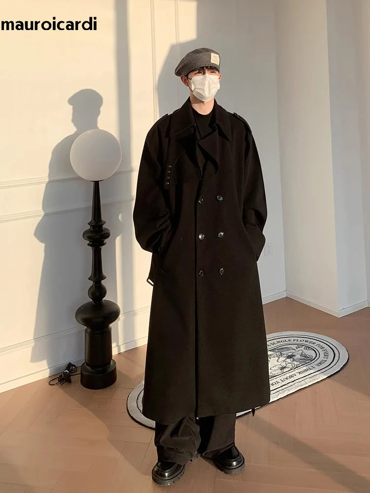 Mauroicardi Autumn Winter Long Oversized Windproof Black Warm Woolen Coat Men Sashes Double Breasted Wool Blends Overcoat 2023
