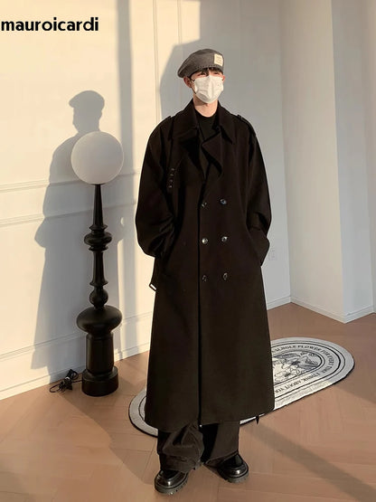 Mauroicardi Autumn Winter Long Oversized Windproof Black Warm Woolen Coat Men Sashes Double Breasted Wool Blends Overcoat 2023