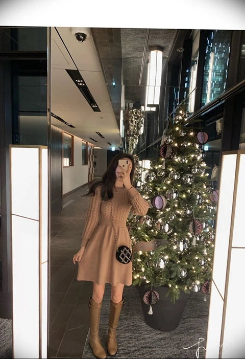 High Waist A-Line Knitted Dress Long Sleeve Base Layer Shirt Waist Cinched Black Dress Autumn Wear Korean Style Commute Dress