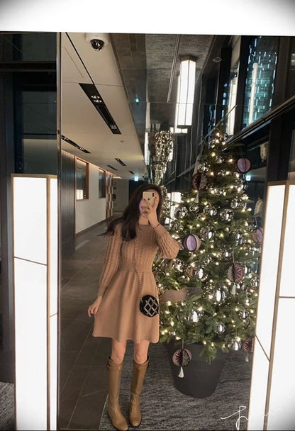 High Waist A-Line Knitted Dress Long Sleeve Base Layer Shirt Waist Cinched Black Dress Autumn Wear Korean Style Commute Dress