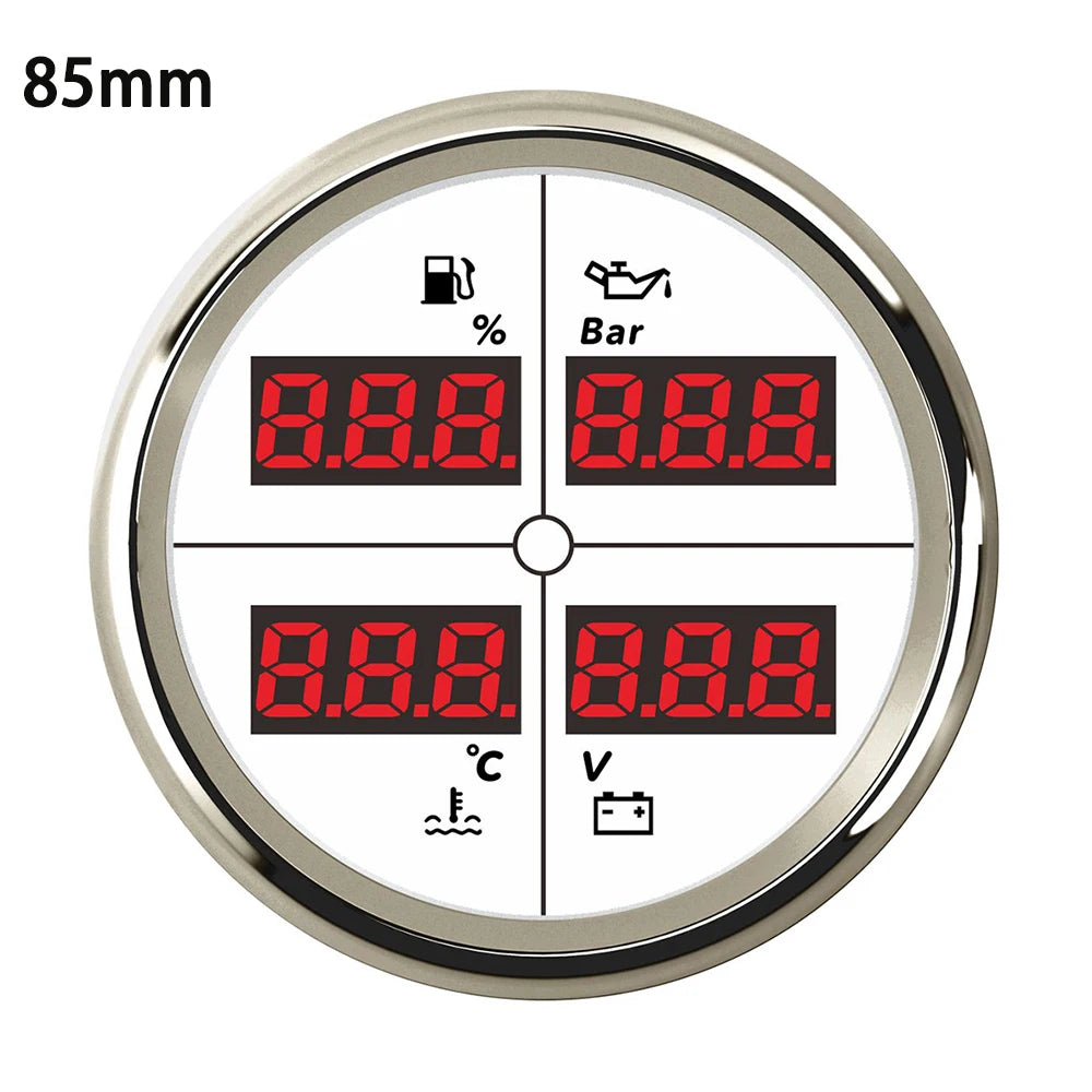ELING Digital 52mm 85mm Car 4 in 1 Multifunction Gauge with Fuel Level Oil Pressure Water Temp. Voltmeter and 8 Colors Backlight