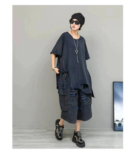 Trendy Cool Fashion Top Women Distressed Asymmetrical Mid-length T-shirt Loose LX5861