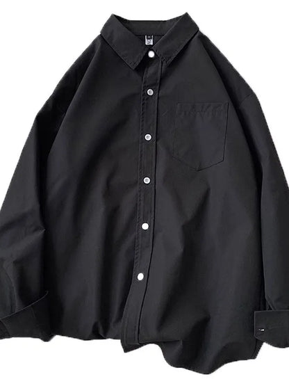 Loose Long Sleeve Pure Color Shirt Women's Basic Style Retro Korean Hong Kong Style Casual Outerwear for Couples Student Fashion