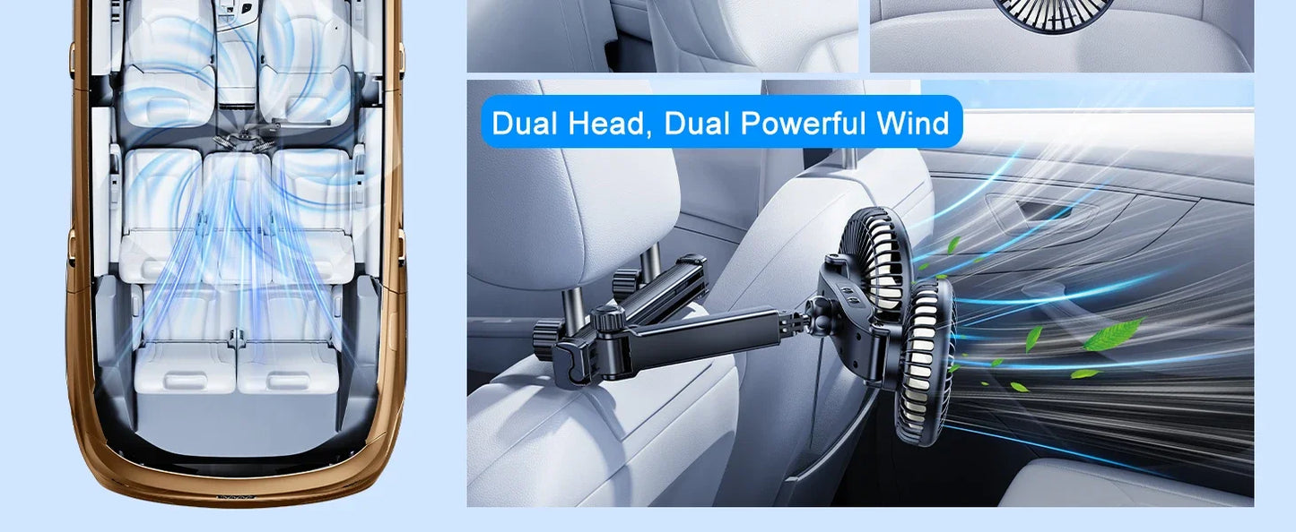 Hipacool Extension Arm Dual-Head Fan for Car Headrest 360° Rotation Air Cooling Fan Angle Adjustable 3-Speed Wind Brushless Fan