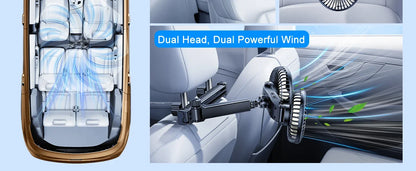 Hipacool Extension Arm Dual-Head Fan for Car Headrest 360° Rotation Air Cooling Fan Angle Adjustable 3-Speed Wind Brushless Fan