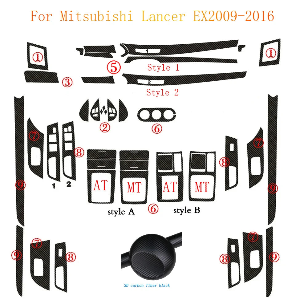 For Mitsubishi Lancer EX2009-2016 Interior Central Control Panel Door Handle Carbon Fiber Stickers Decals Car styling Accessorie