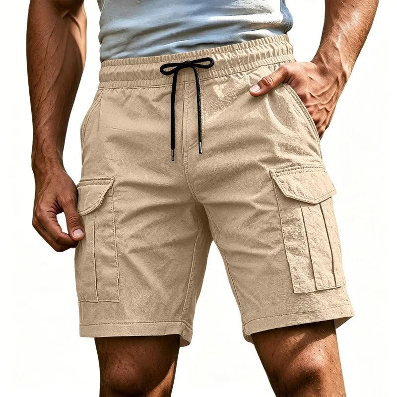 Men Solid Color Drawstring Cargo Shorts Elastic Waist Multi Pocket Loose Casual Summer Beach Short Pants