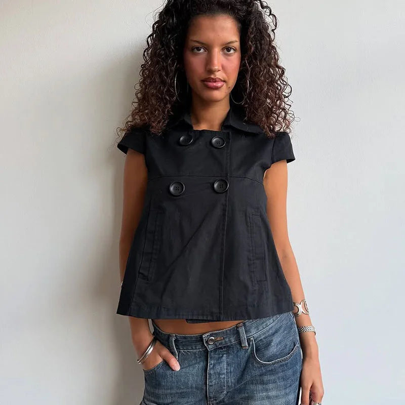 Solid color button short sleeved polo neck T-shirt with waist cinching and wide hem, American casual women's shirt