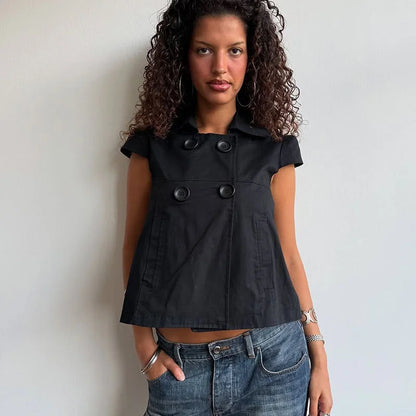 Solid color button short sleeved polo neck T-shirt with waist cinching and wide hem, American casual women's shirt