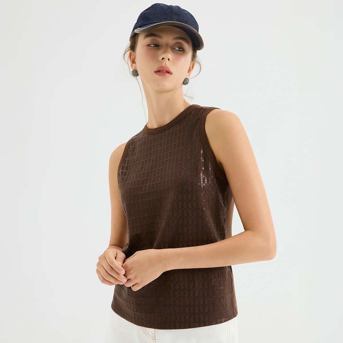 KX7613768 Luxury Chic Glitter Blouse Women's Viscose Elastane Sequin Tank Top Polyester Lining Fitted Vest