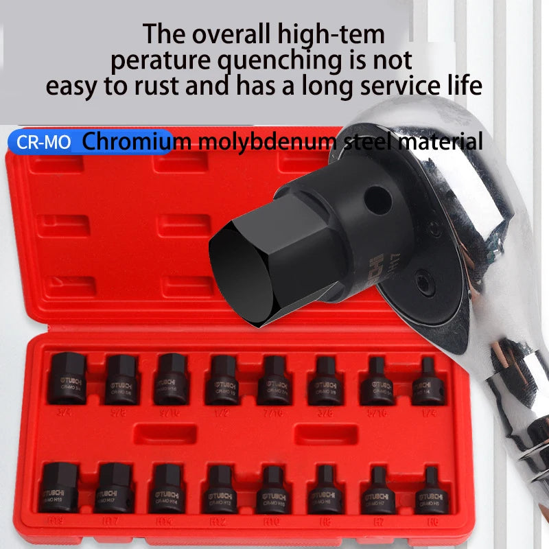 3/8 Inch Drive Low Profile Impact Hex Driver Set SAE/Metric 1/4-3/4 Inch 6-19mm Cr-Mo Steel One-Piece Construction Hand Tool