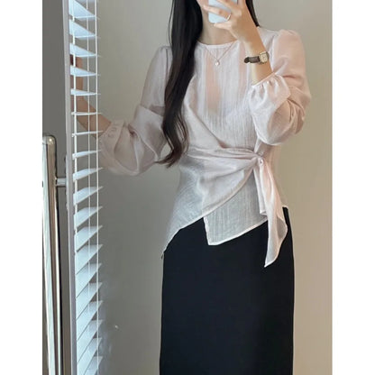 Spring 2026 Chic Korean Style Women's Long Sleeve round Neck Overhead Shirt Loose Fit Slimming Versatile Fashionable Top