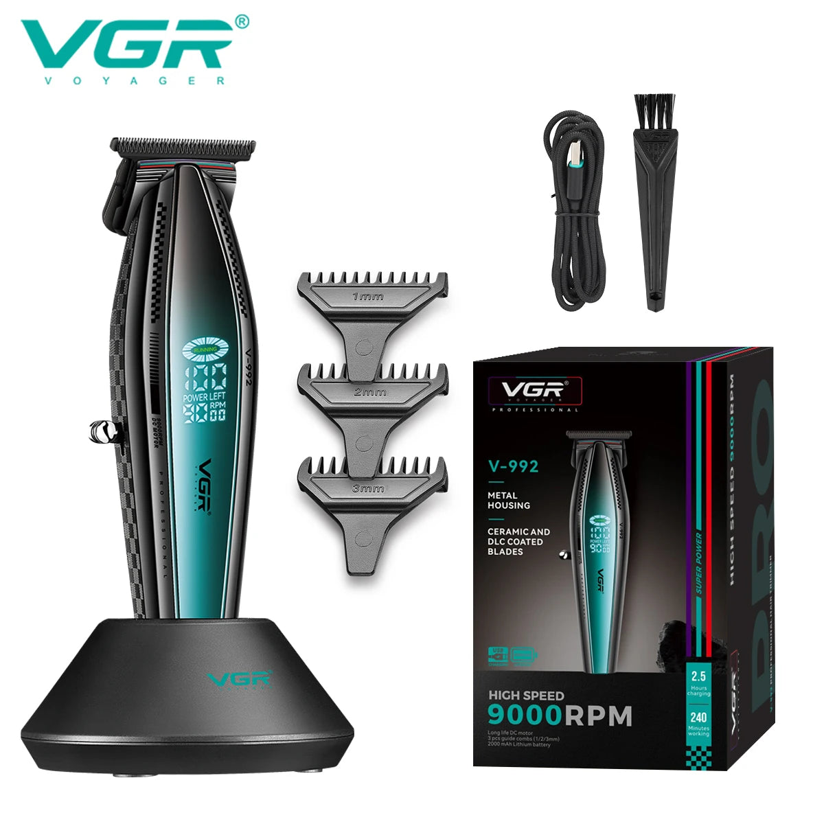 VGR V-992 V-270 high-end men's hair clipper with gradient color body, professional hair trimmer with LCD digital display and pus