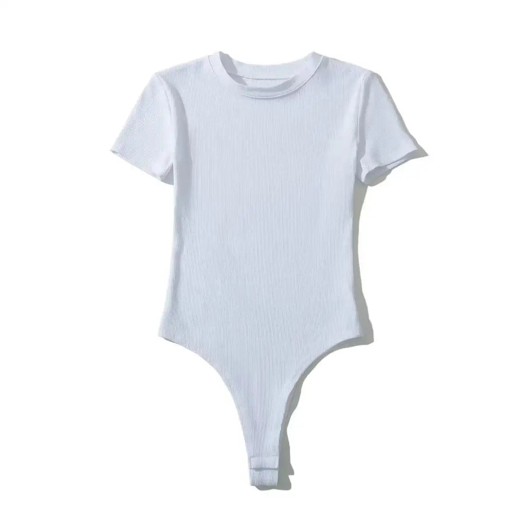 Summer Short Sleeve O-neck Knitted Bodysuits Women Stretchable Slim Basic Solid Color Tops