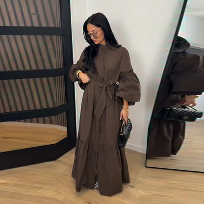 Casual Women Dress Belt Cinched Waist Long Sleeve High Collar Solid Single Breasted Female Dress Chic Lady Commute Summer 2026
