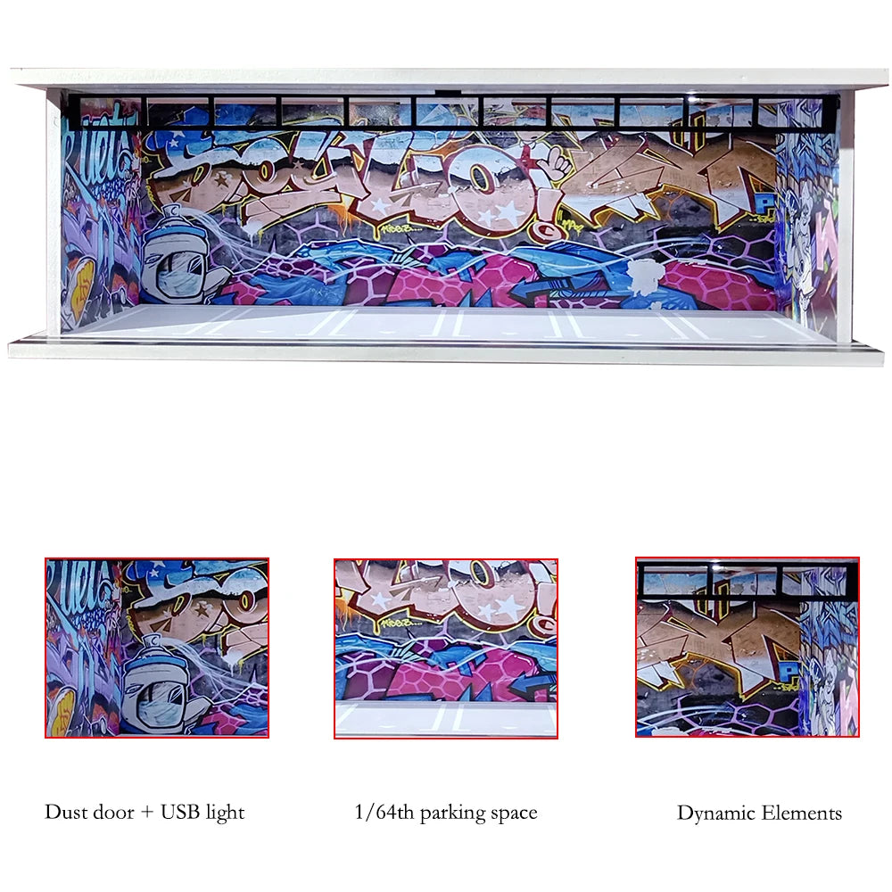 1/64 Scale Diecast Car Garage Diorama Model Miniature Case LED Light Parking Garage Diorama Kit for Collectible Cars Model