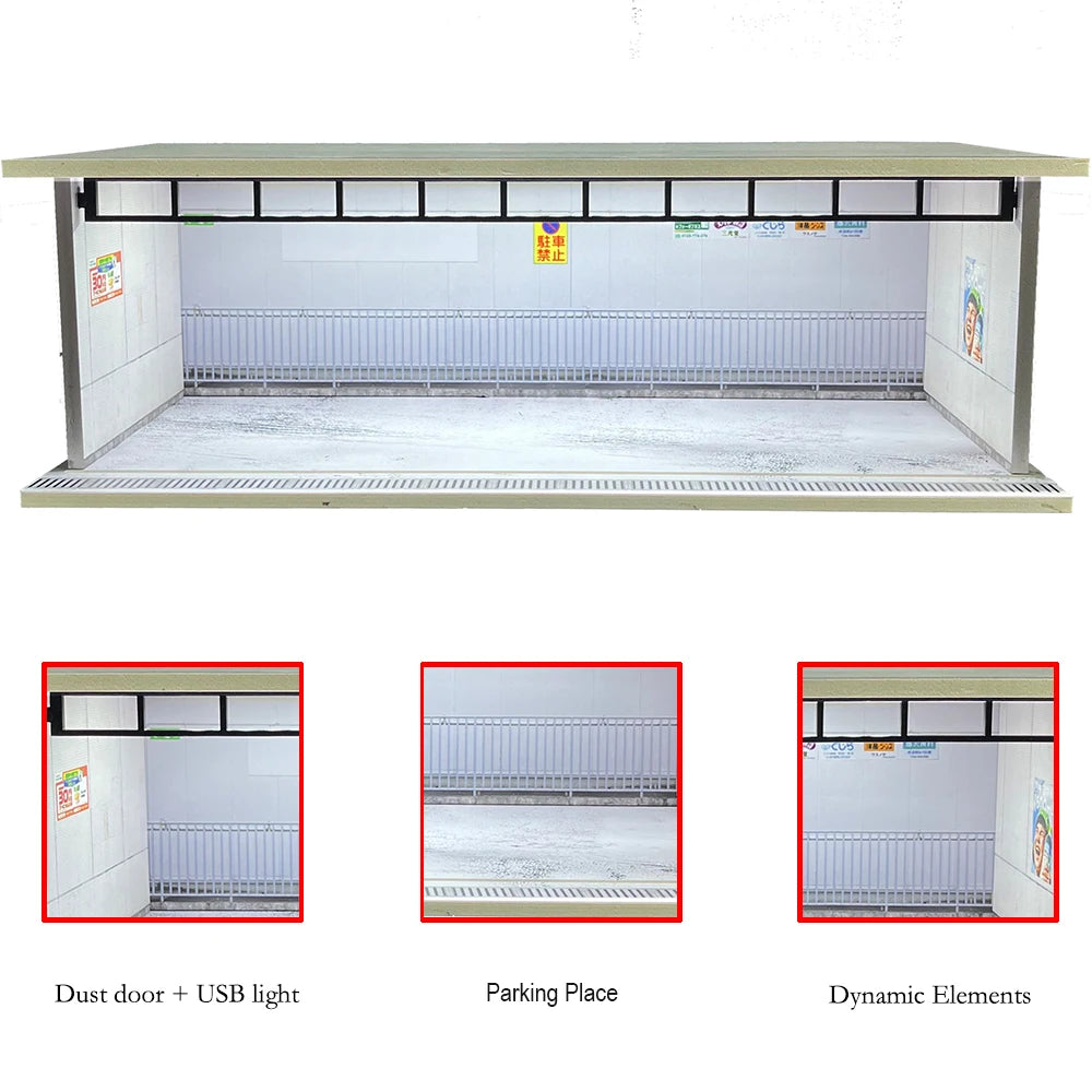 1/64 Scale Diecast Car Garage Diorama Model Miniature Case LED Light Parking Garage Diorama Kit for Collectible Cars Model