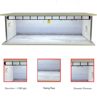 1/64 Scale Diecast Car Garage Diorama Model Miniature Case LED Light Parking Garage Diorama Kit for Collectible Cars Model