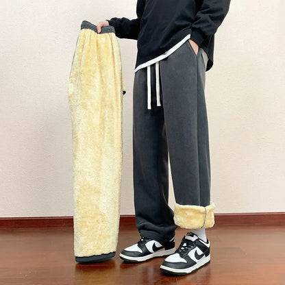 Men's Outdoor Velvet Lining Trousers Winter Jogger Sweatpants Solid Color Baggy Thickened Winter Fleece Loose Sports Warm Pants